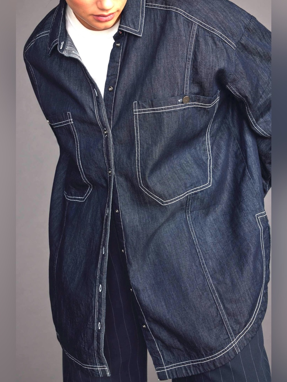 Anthropologie Pilcro Oversized Denim Shirt Patch Pockets Dark Wash Blue Size M